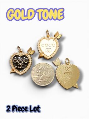 Lot of 2 CC Gold Tone Heart Zipper Pull Button Charms 25mm x 28mm